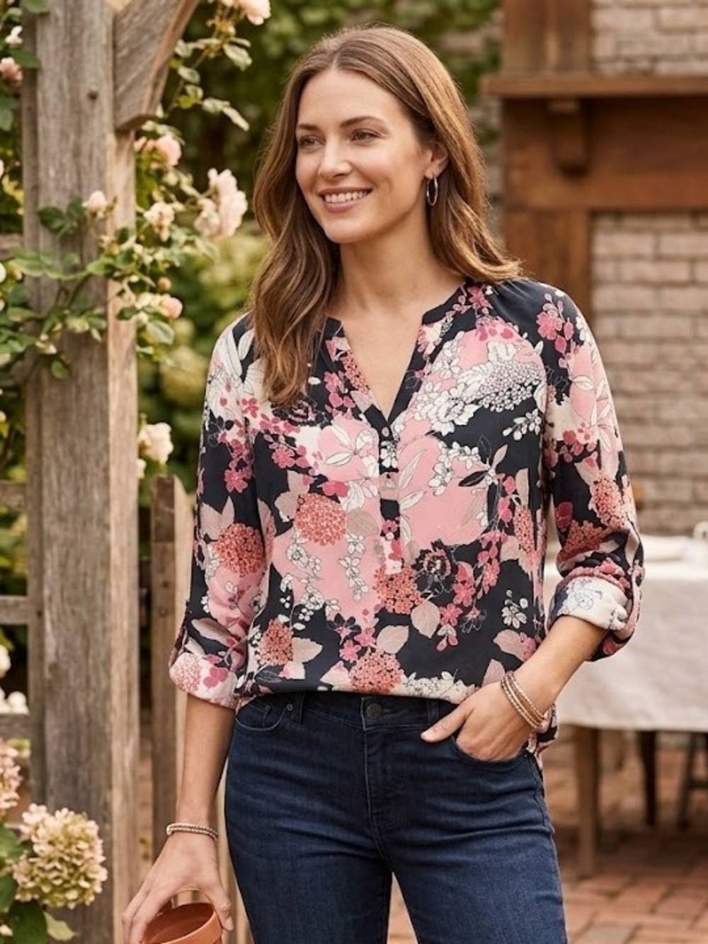 Spartina 449 Silk Pink & Black Floral Split-Neck Blouse